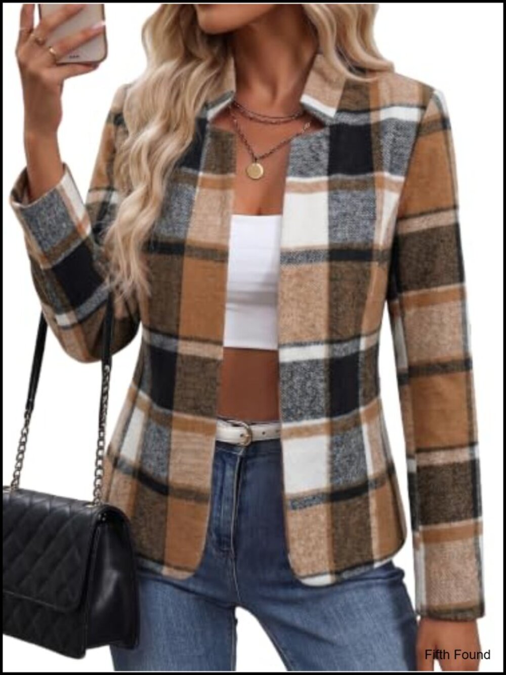Women's Open Front Tweed Blazer Plaid Fitted Jacket Business Casual